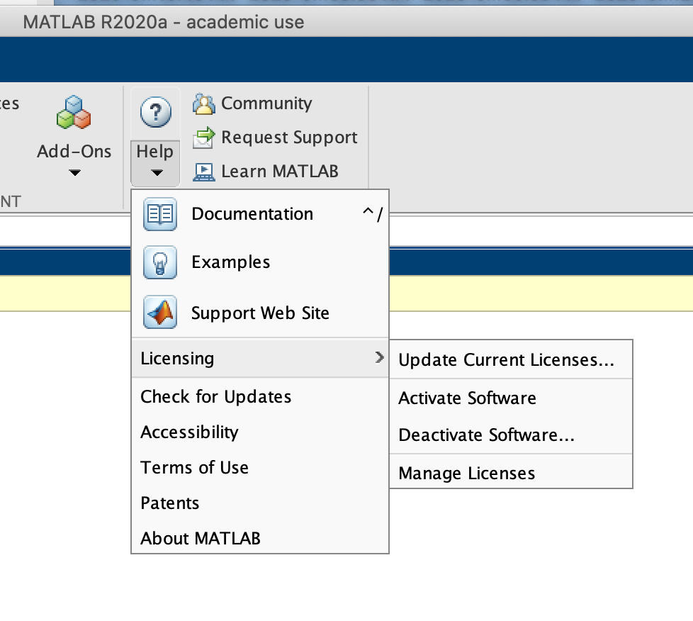 Screenshot of Matlab licensing menu